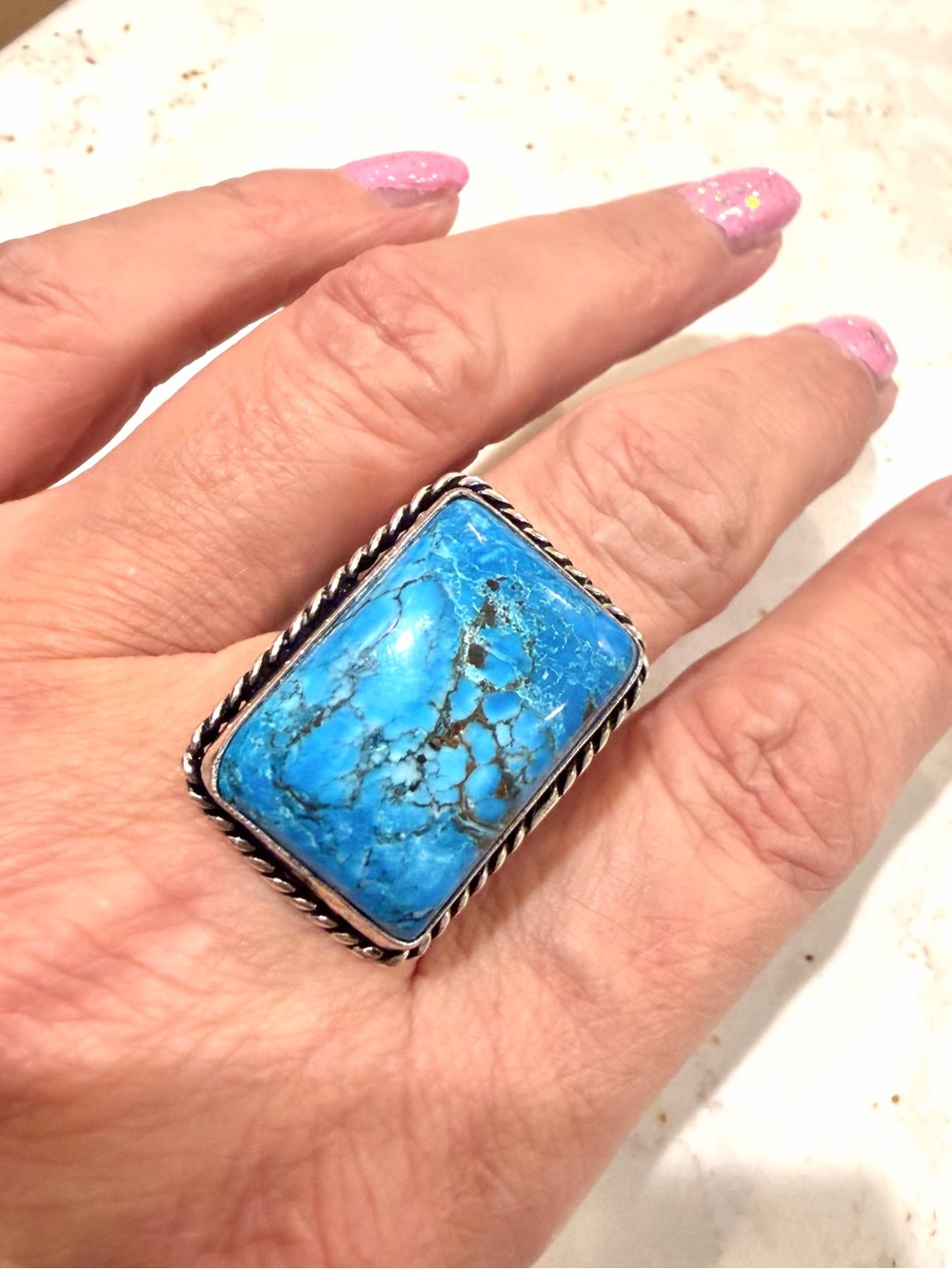925 Sterling Silver Large Turquoise
Statement Ring Size 7 Adjustable